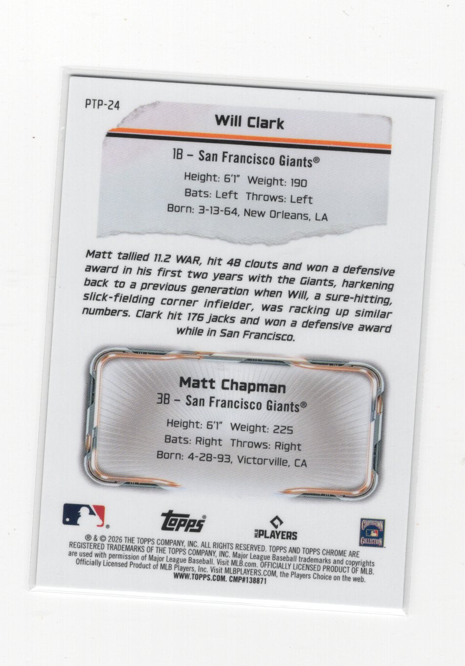 2026 Topps Chrome Will Clark / Matt Chapman Past to Present Giants