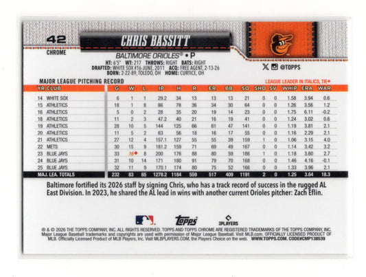 2026 Topps Chrome Chris Bassitt Card Raywave Refractors Baltimore Orioles