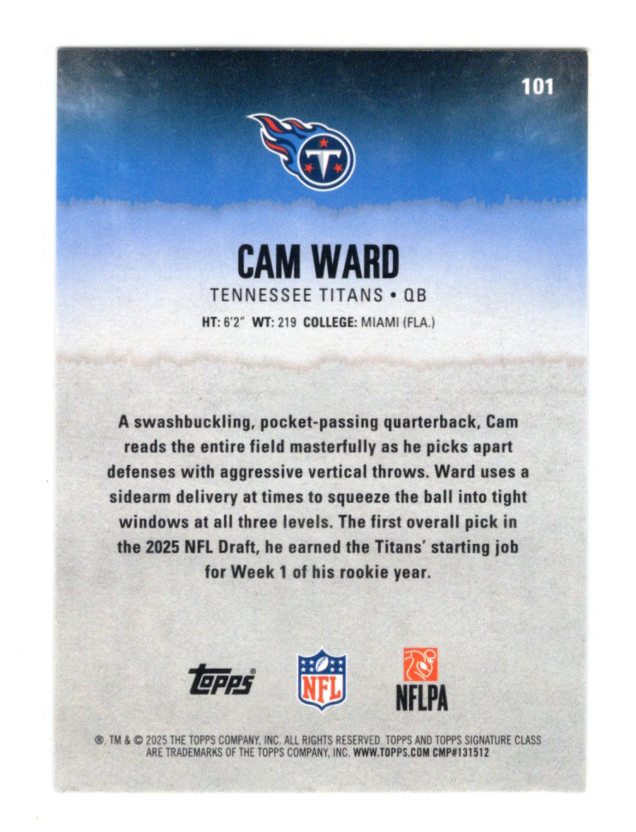 2025 Topps Signature Class Cam Ward Card Blue & Yellow Rookie Tennessee Titans