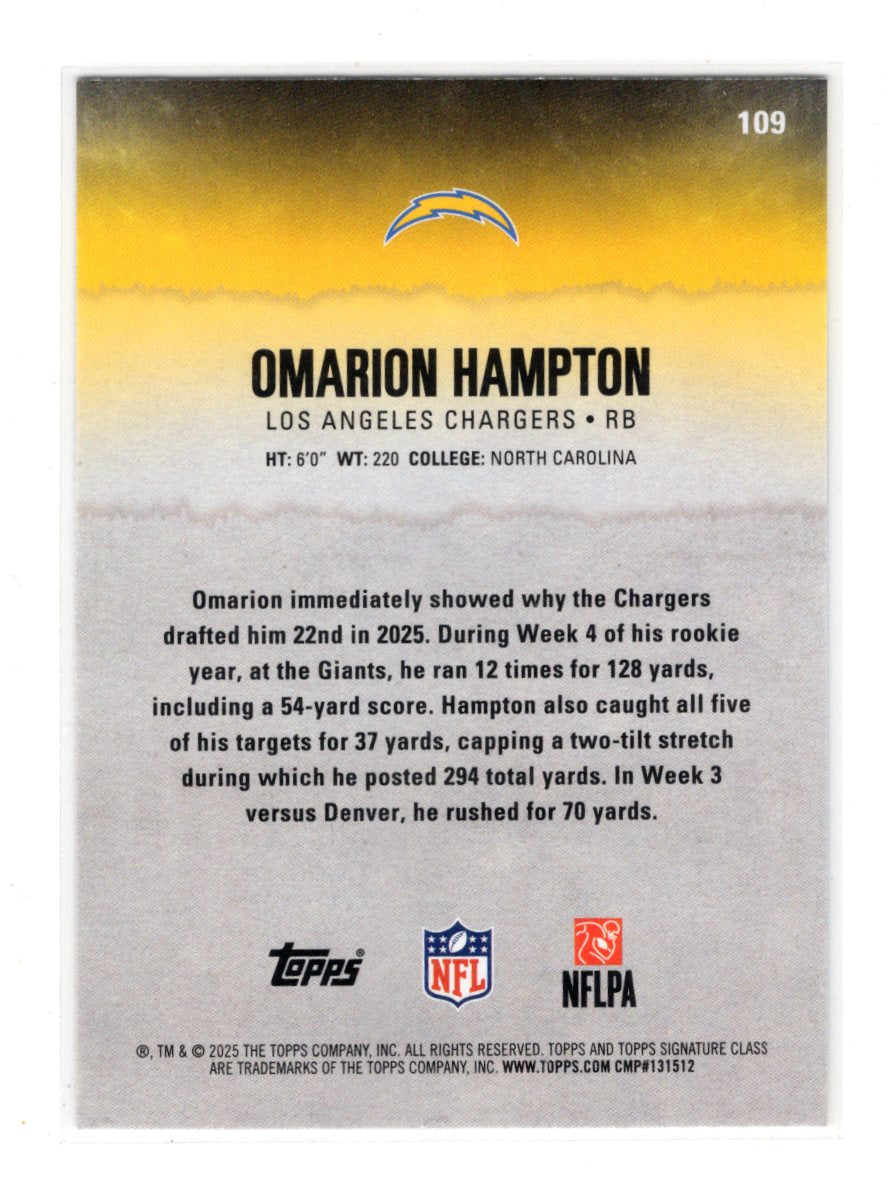 2025 Topps Signature Class Omarion Hampton Card Blue & Yellow Rookie Chargers