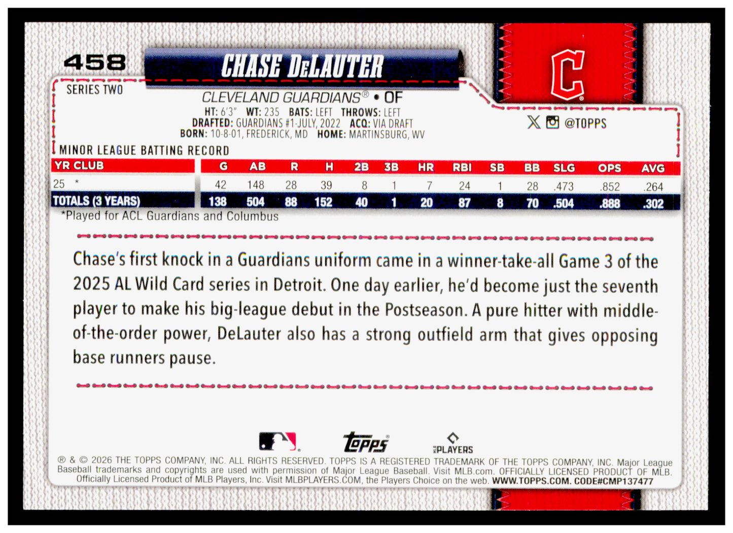 2026 Topps Chase DeLauter Card Rookie Cleveland Guardians
