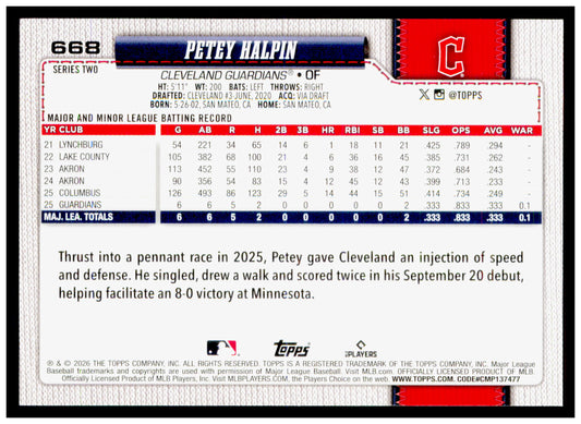 2026 Topps Petey Halpin Card Rookie Cleveland Guardians