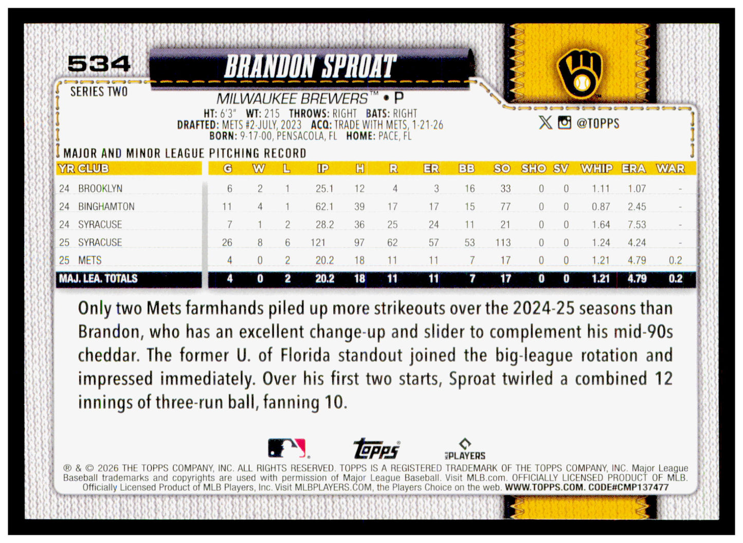 2026 Topps Brandon Sproat Card Rookie Milwaukee Brewers