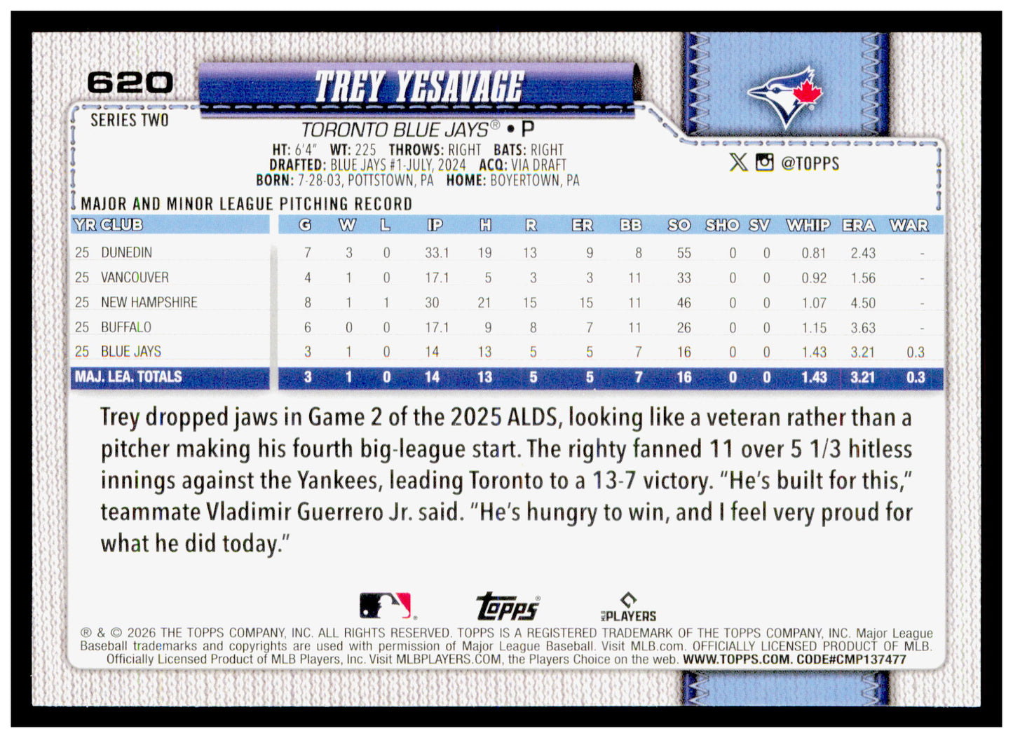 2026 Topps Trey Yesavage Card Rookie Toronto Blue Jays