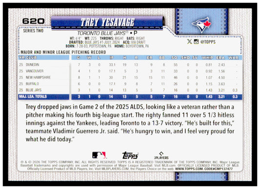 2026 Topps Trey Yesavage Card Rookie Toronto Blue Jays