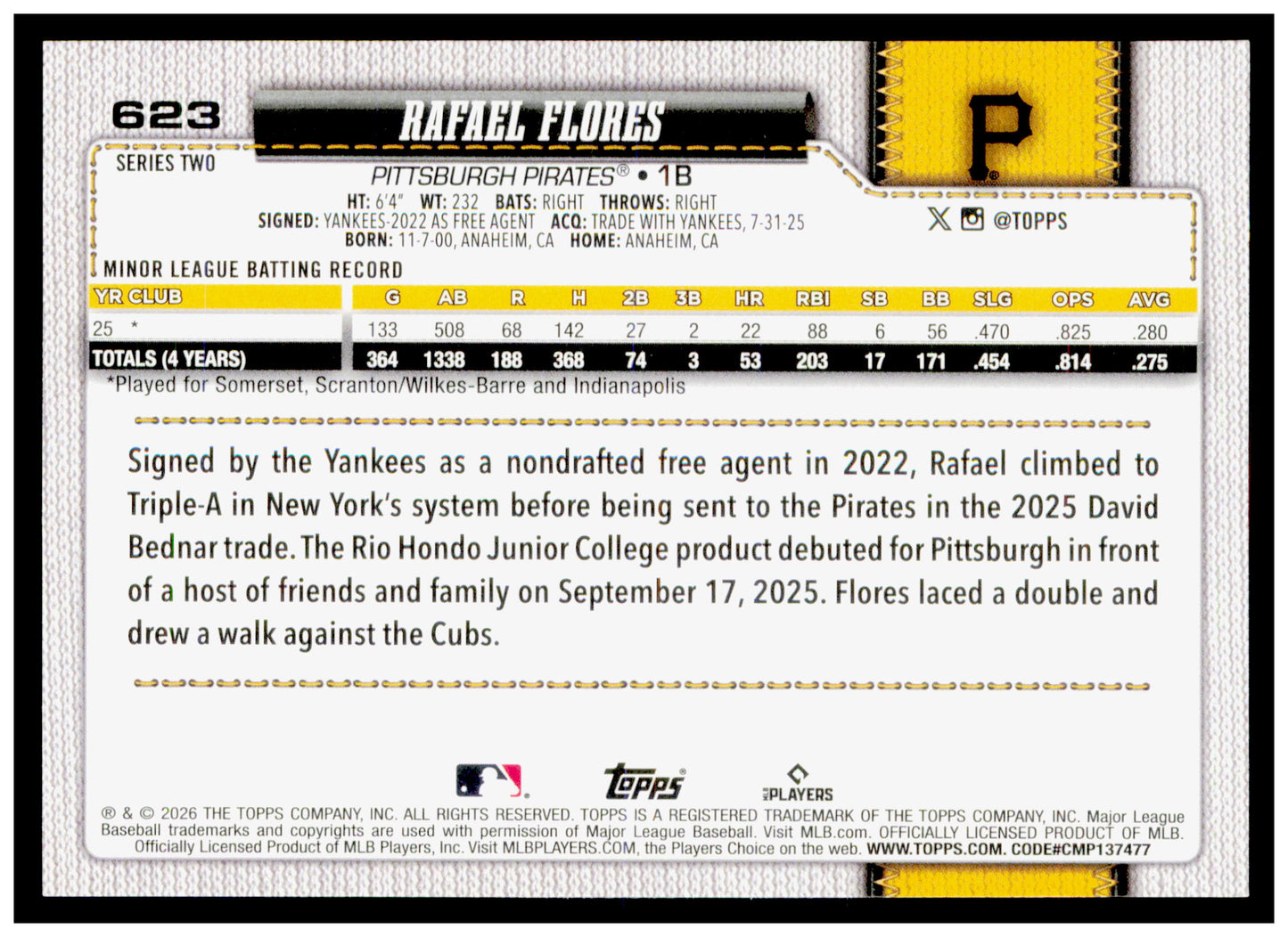 2026 Topps Rafael Flores Card Rookie Pittsburgh Pirates