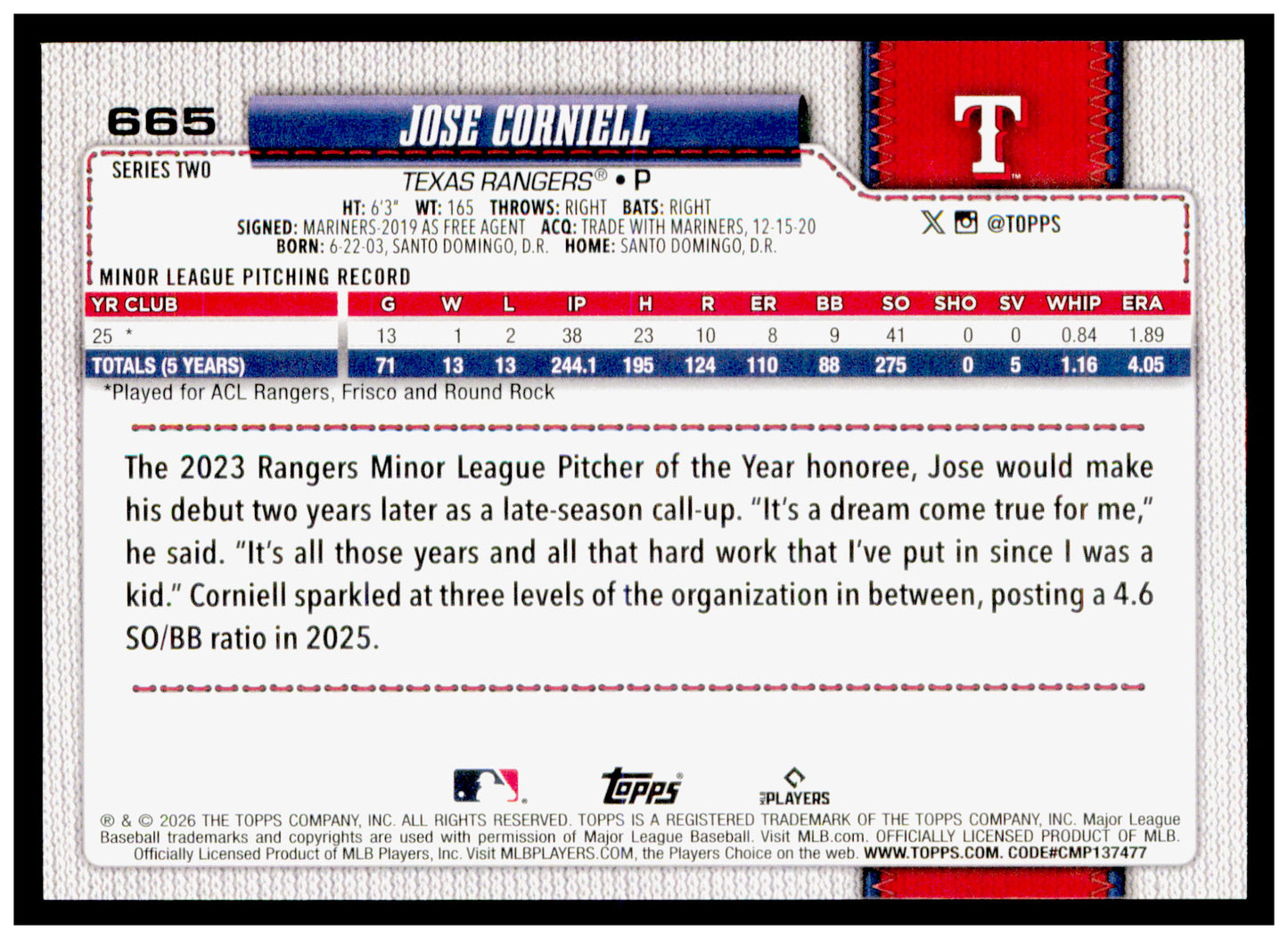 2026 Topps Jose Corniell Card Rookie Texas Rangers
