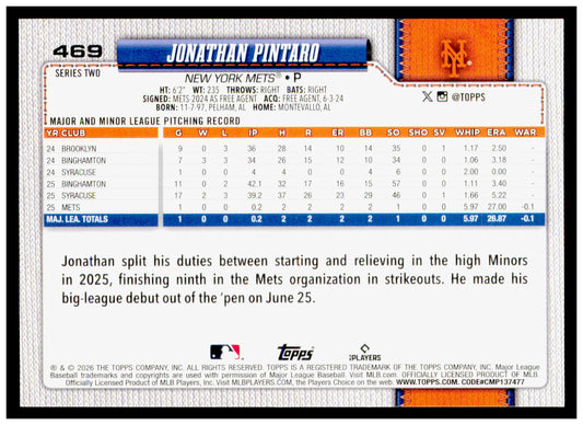 2026 Topps Jonathan Pintaro Card Rookie New York Mets