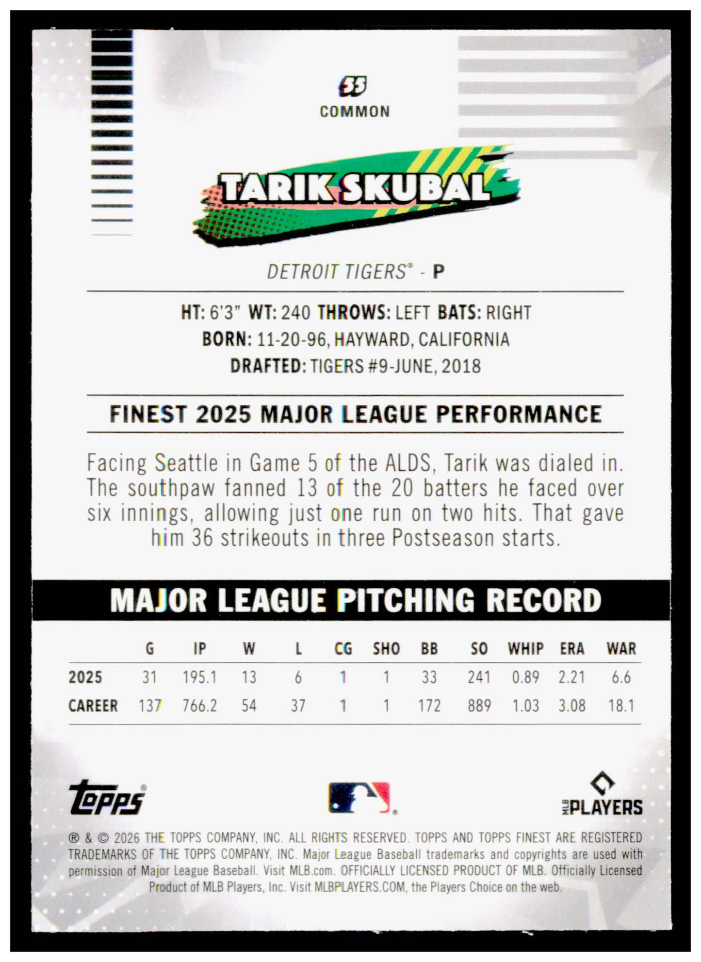 2026 Topps Finest Tarik Skubal Card Detroit Tigers