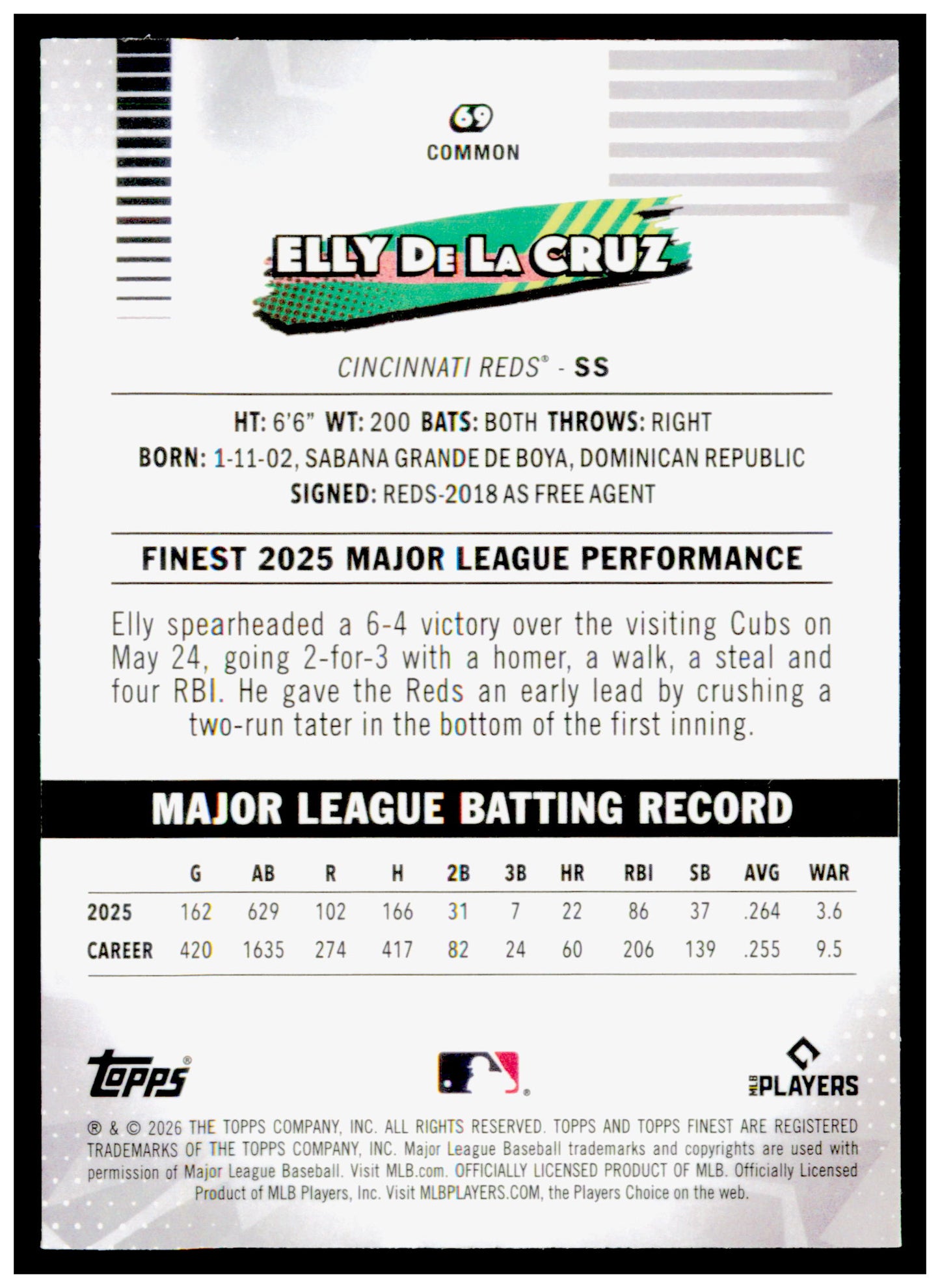 2026 Topps Finest Elly De La Cruz Card Cincinnati Reds