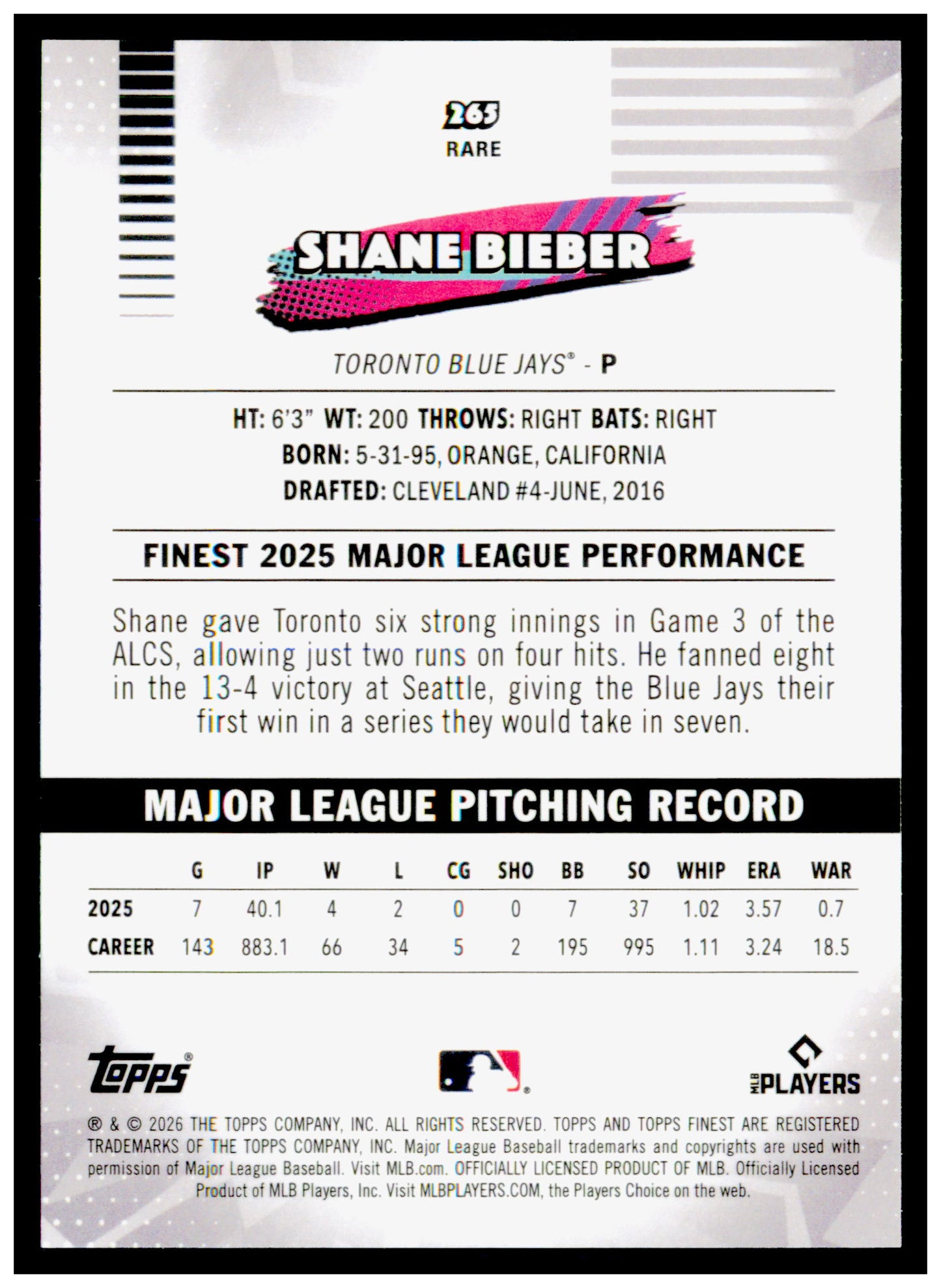 2026 Topps Finest Shane Bieber Card Toronto Blue Jays