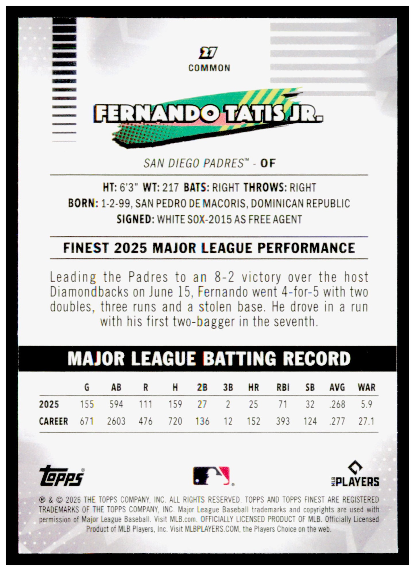 2026 Topps Finest Fernando Tatis Jr. Card San Diego Padres