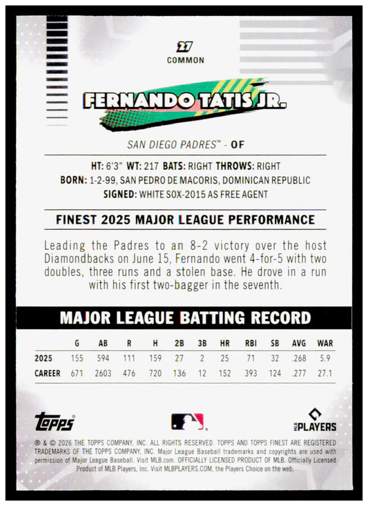 2026 Topps Finest Fernando Tatis Jr. Card San Diego Padres