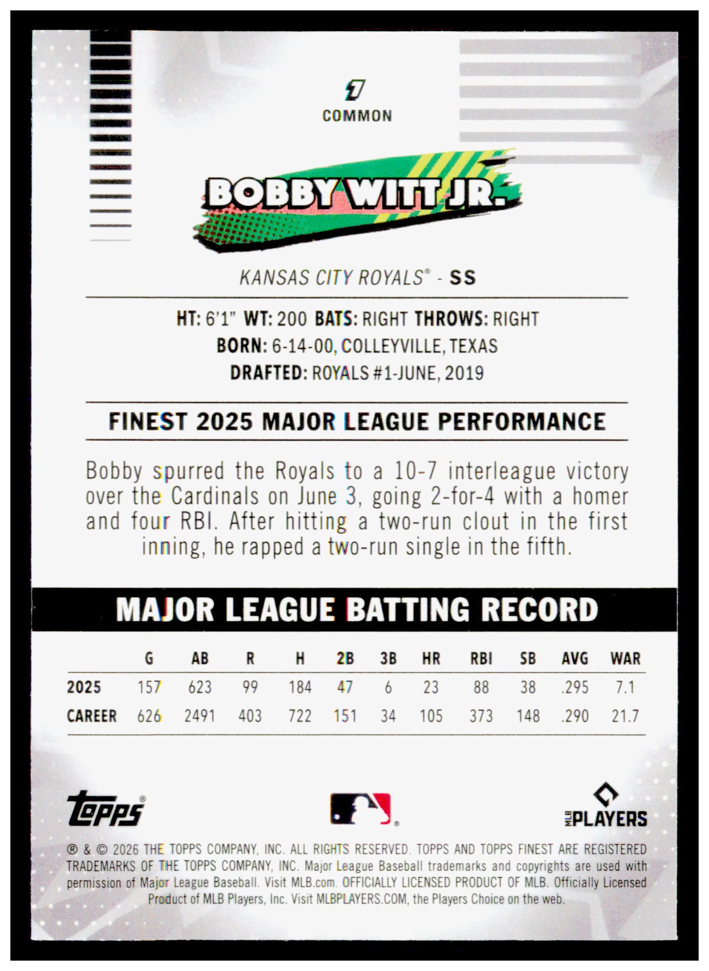 2026 Topps Finest Bobby Witt Jr. Card Kansas City Royals