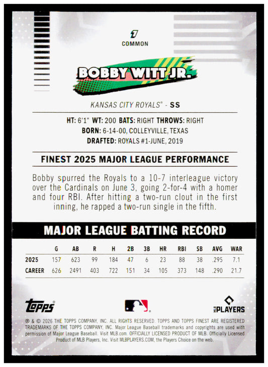 2026 Topps Finest Bobby Witt Jr. Card Kansas City Royals