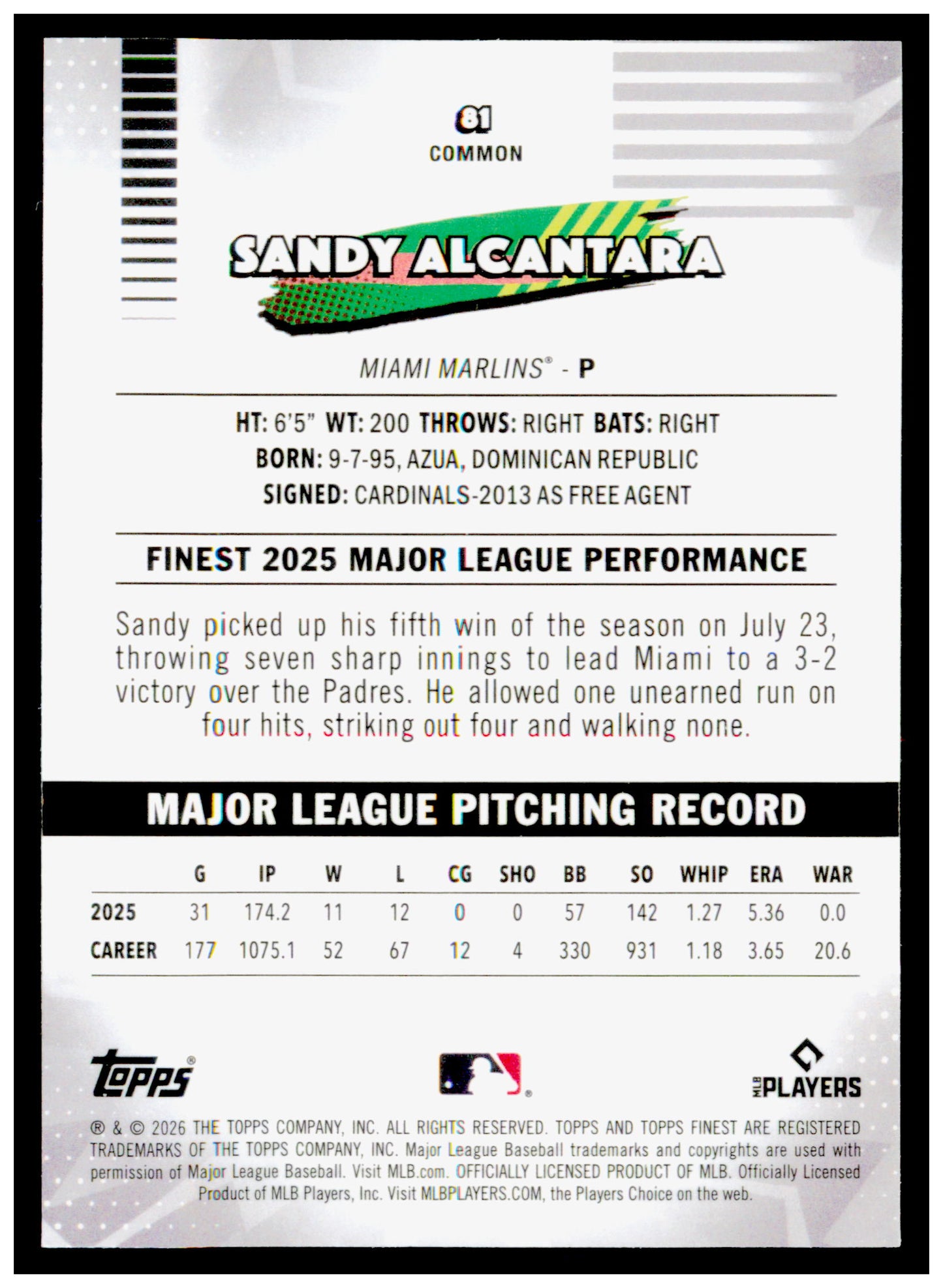 2026 Topps Finest Sandy Alcantara Card Miami Marlins