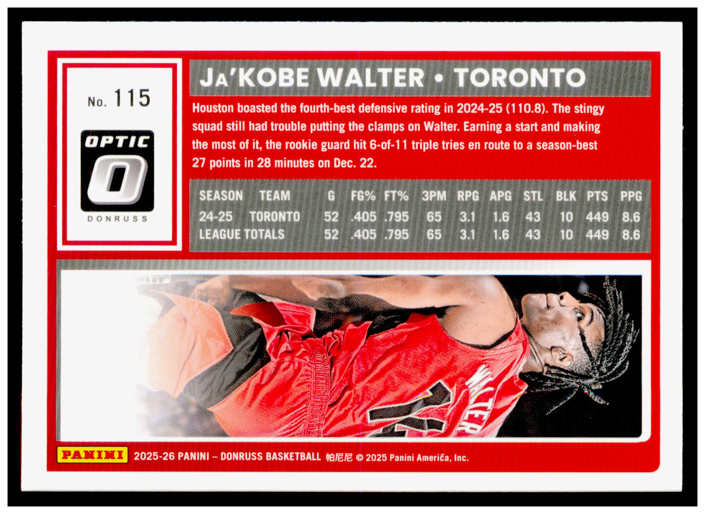 2025-26 Donruss Ja'Kobe Walter Card Toronto Raptors