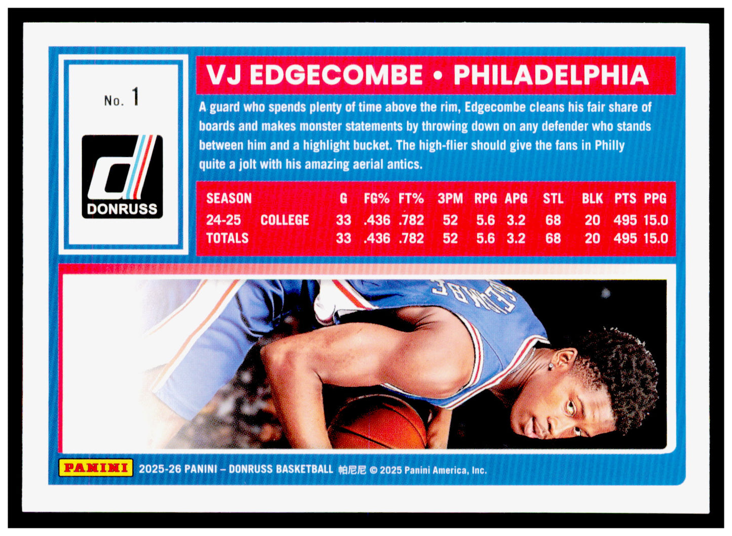 2025-26 Donruss VJ Edgecombe Card Philadelphia 76ers