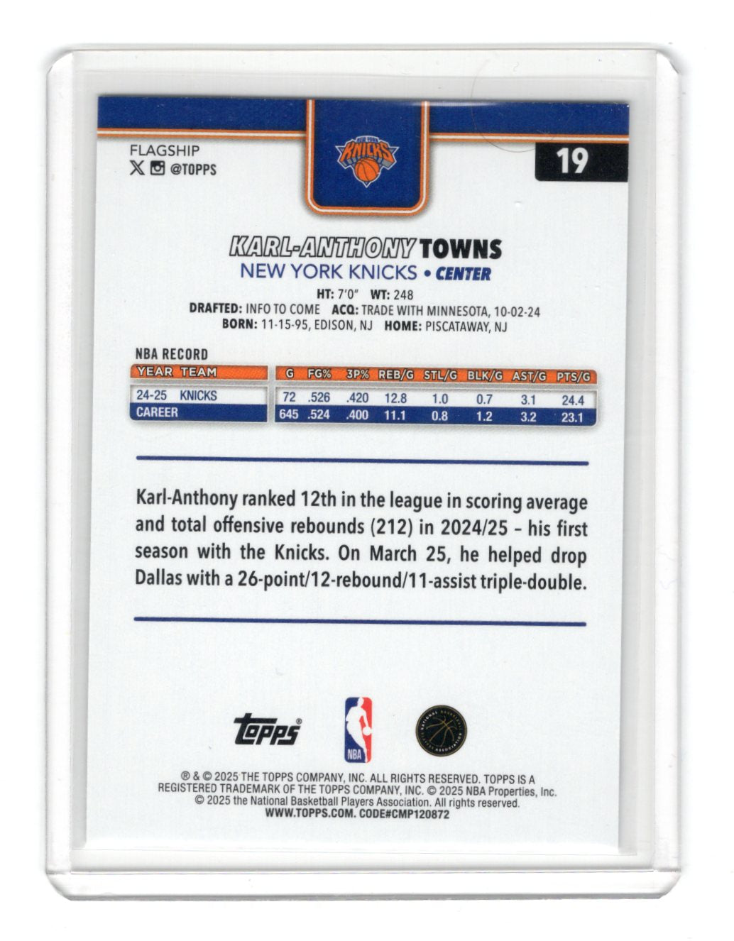 2025-26 Topps Karl-Anthony Towns Card Diamante New York Knicks