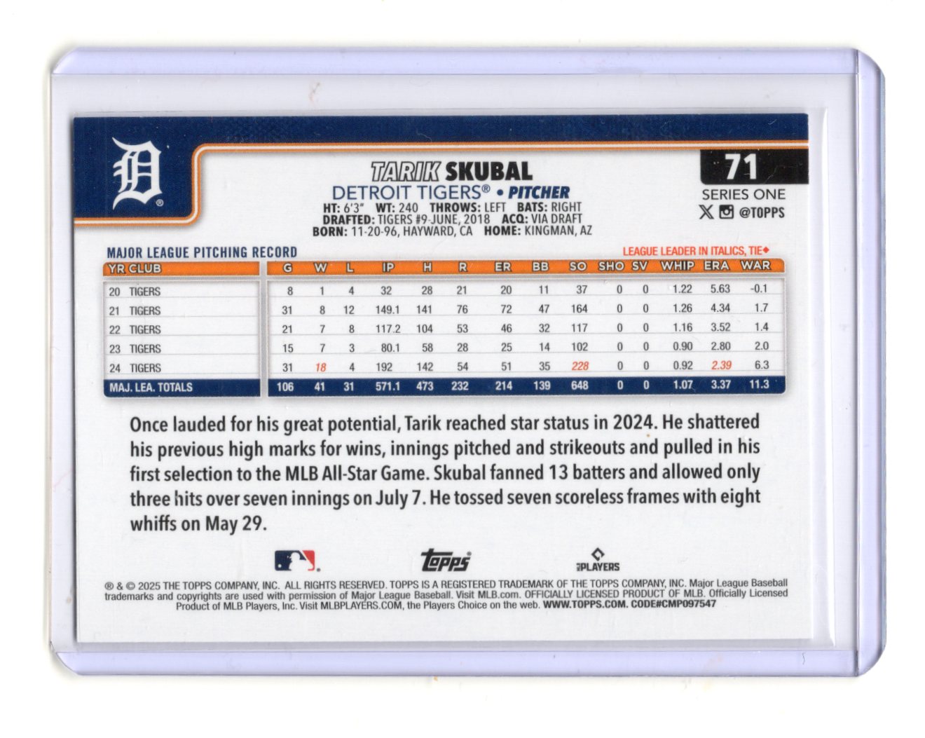 2025 Topps Tarik Skubal Card Detroit Tigers