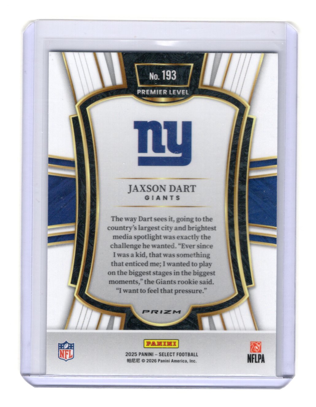2025 Panini Select Jaxson Dart Card Premier Level Rookie New York Giants