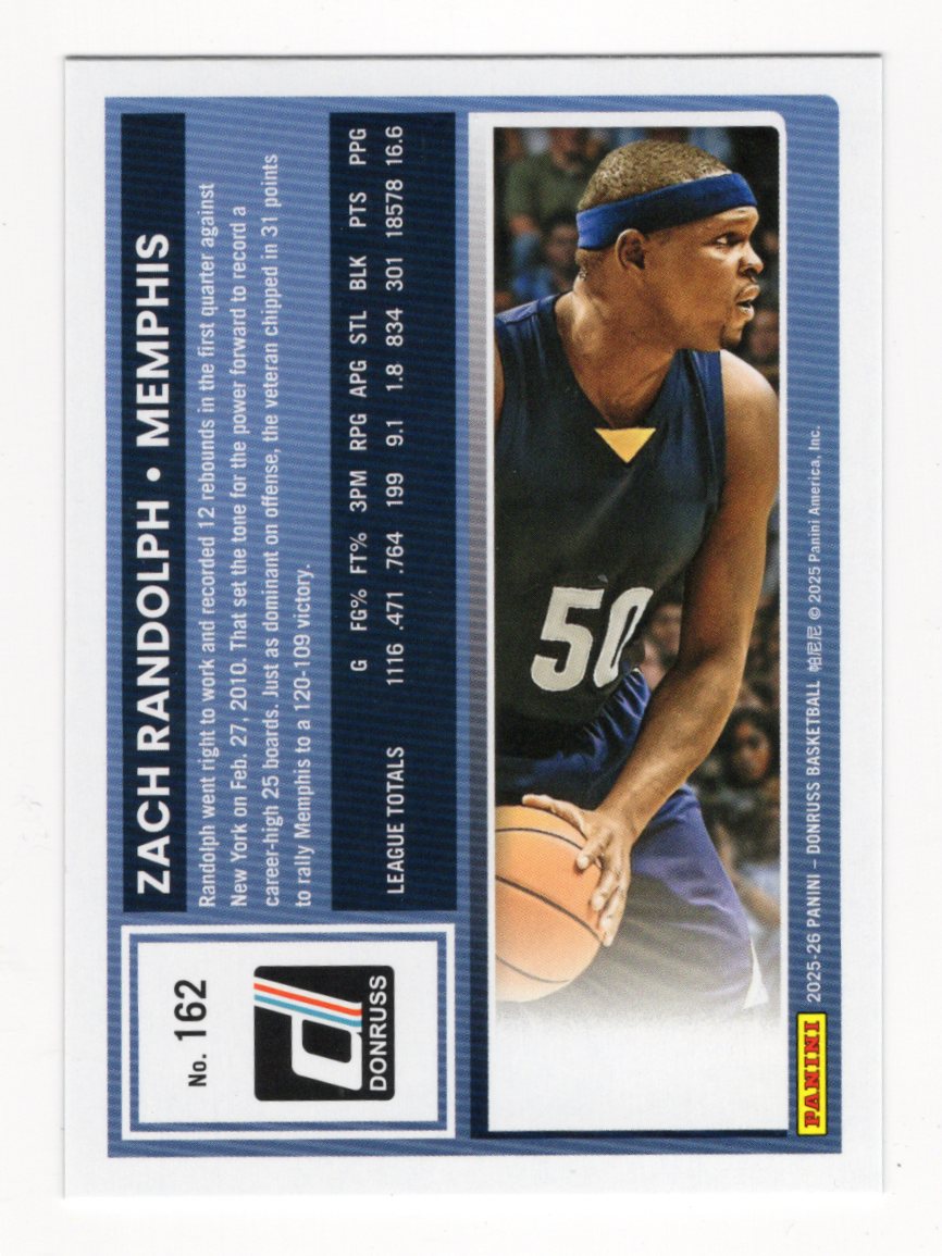 2025-26 Donruss Zach Randolph Card Holo Green Laser Memphis Grizzlies