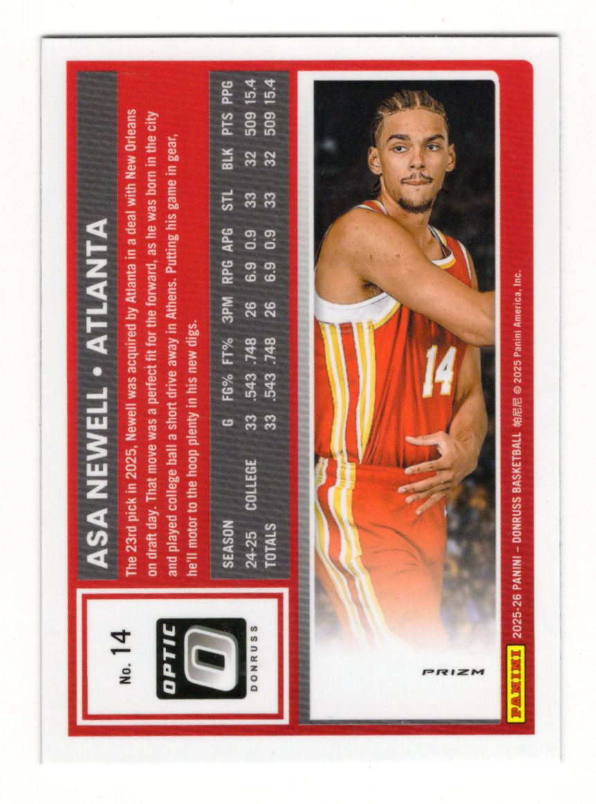 2025-26 Donruss Asa Newell Card Optic Holo Atlanta Hawks