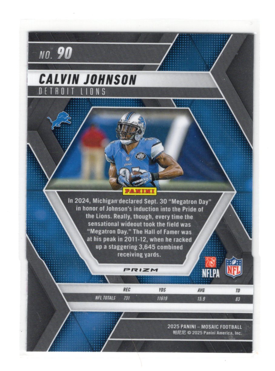 2025 Panini Mosaic Calvin Johnson Card Mosaic Camo Pink Detroit Lions