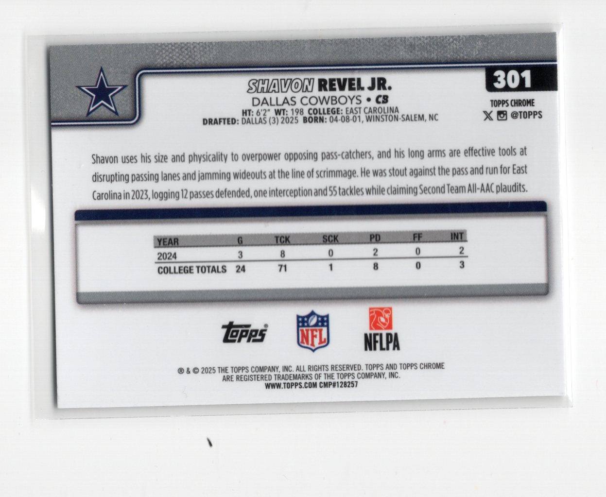 2025 Topps Chrome Shavon Revel Jr. Card Rookie Dallas Cowboys