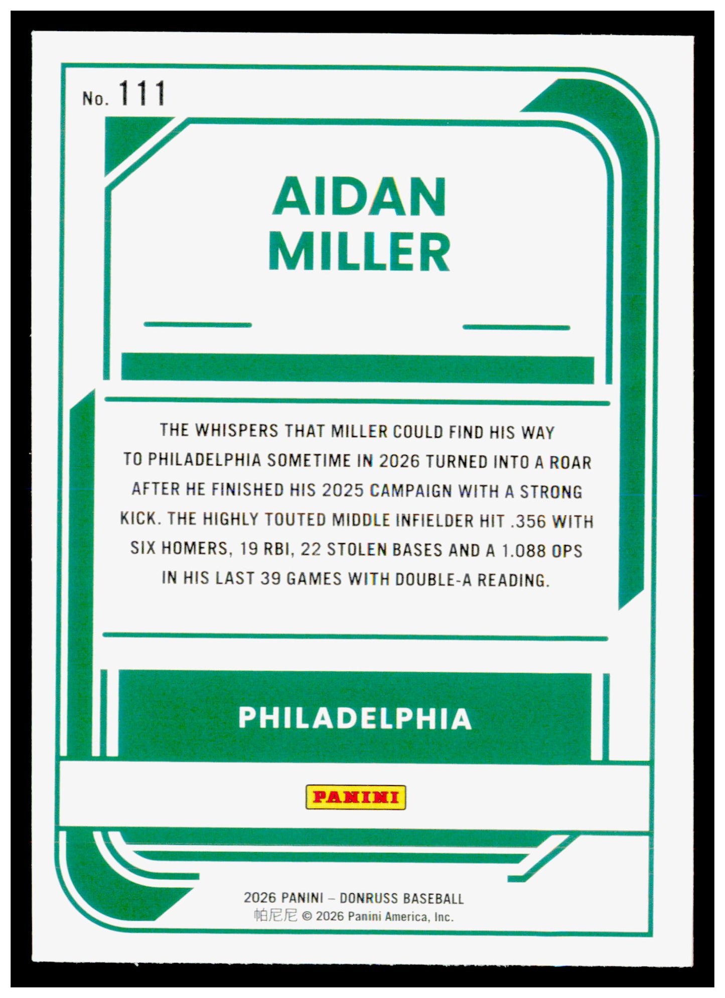 2026 Donruss Aidan Miller Card Philadelphia Phillies