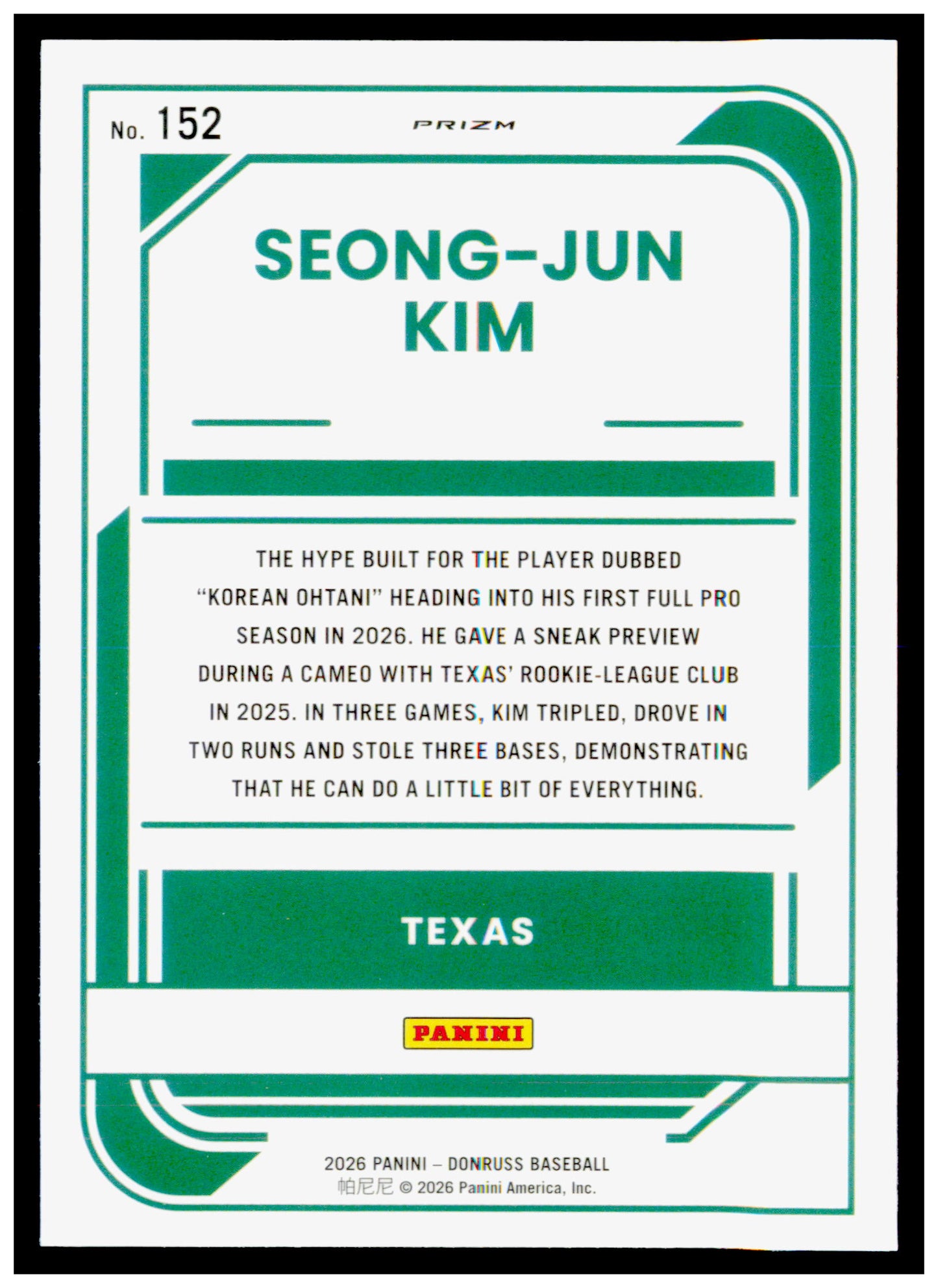 2026 Donruss Seong-Jun Kim Card Optic Blue Velocity Texas Rangers
