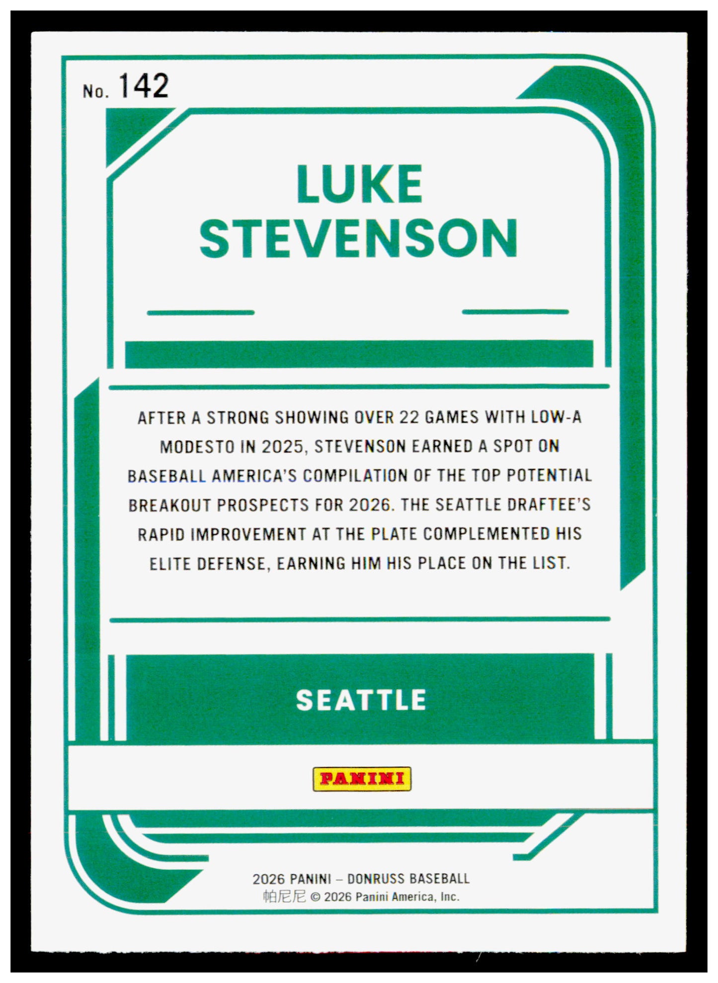 2026 Donruss Luke Stevenson Card Seattle Mariners