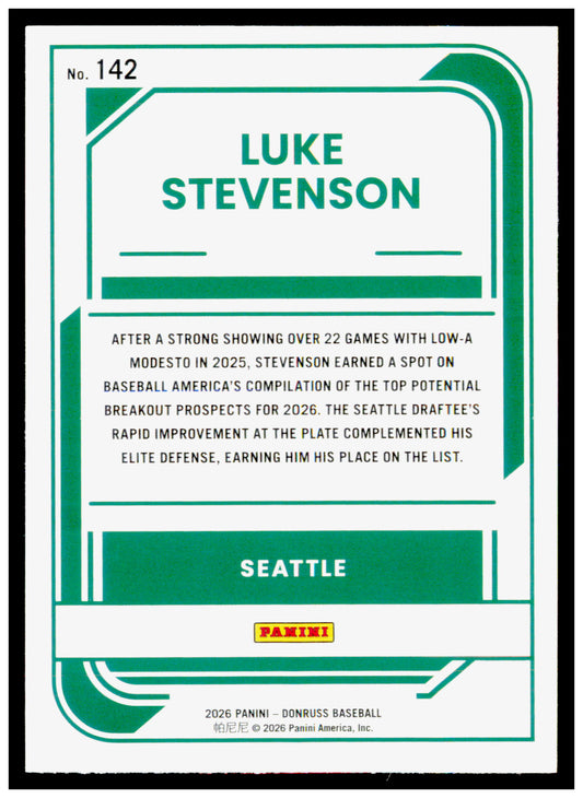 2026 Donruss Luke Stevenson Card Seattle Mariners