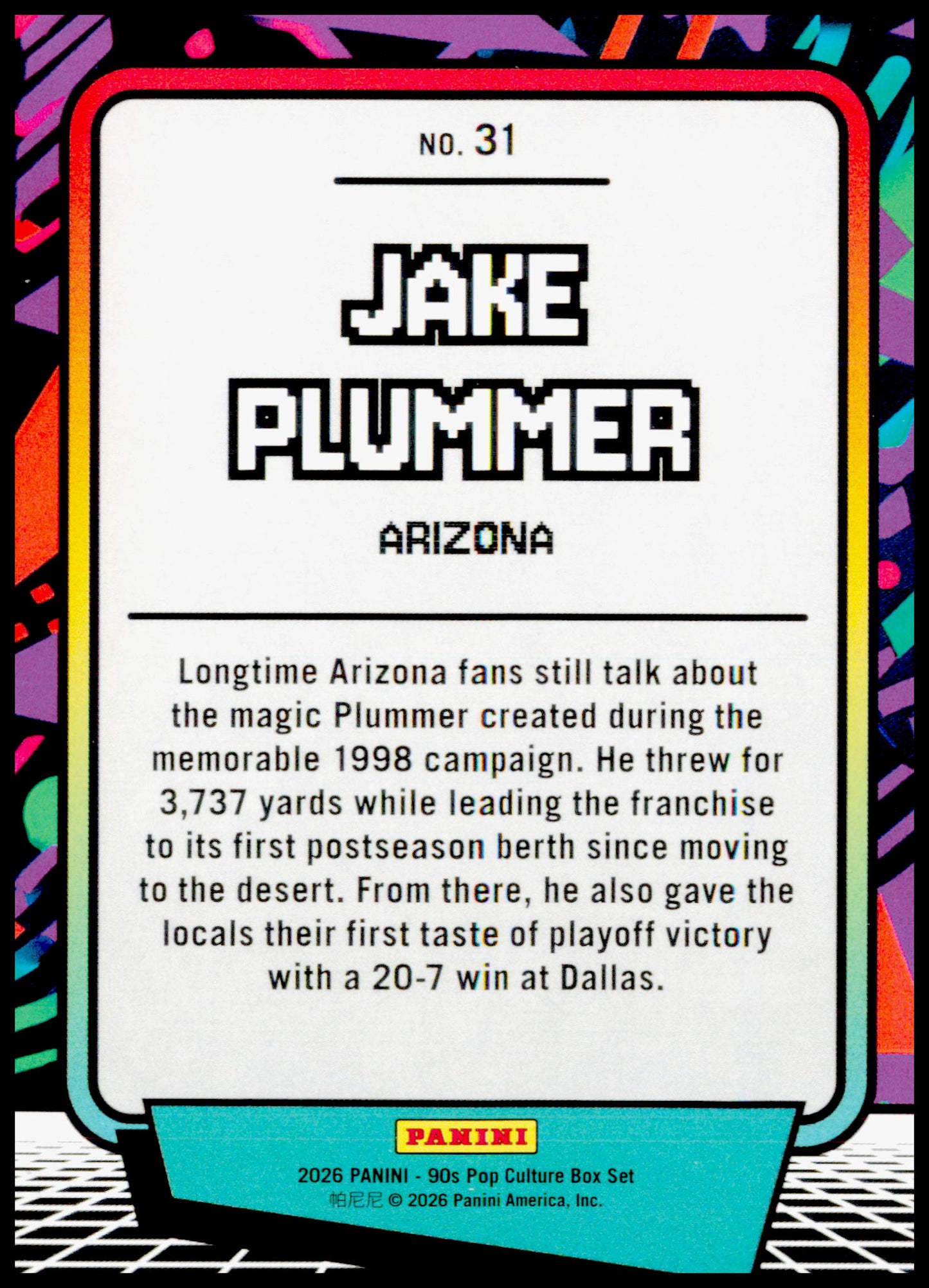 2026 Panini Decades 90s Pop Culture Jake Plummer Card Arizona Cardinals
