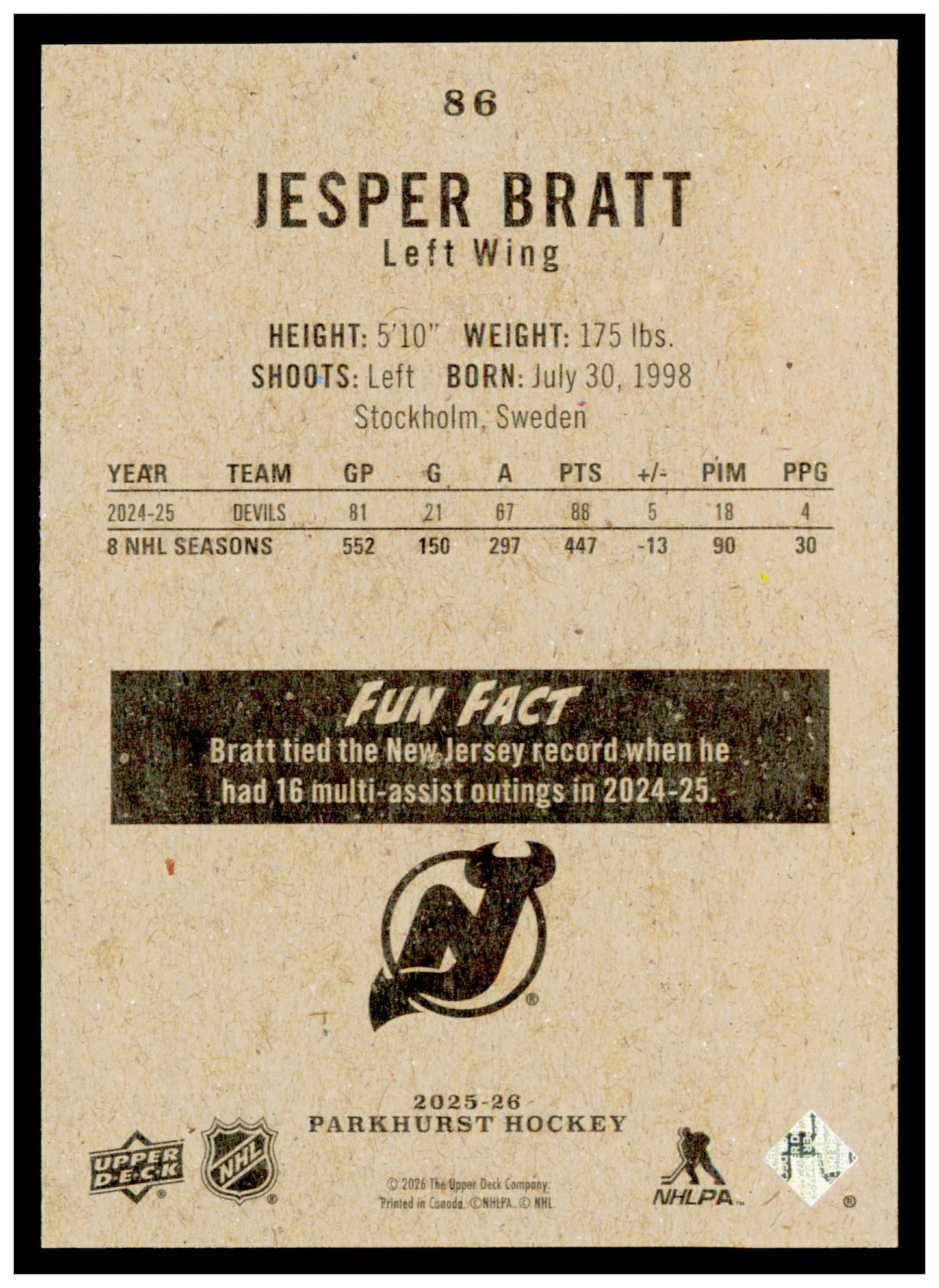 2025-26 Parkhurst Jesper Bratt Card New Jersey Devils