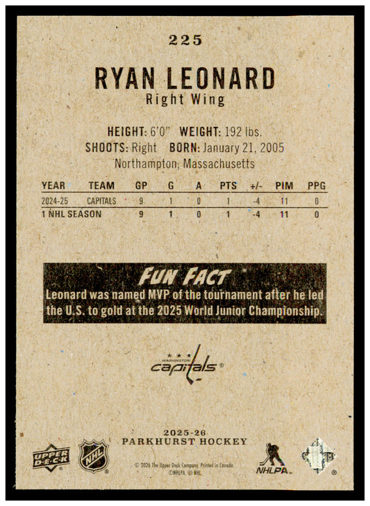 2025-26 Parkhurst Ryan Leonard Card Rookie Washington Capitals