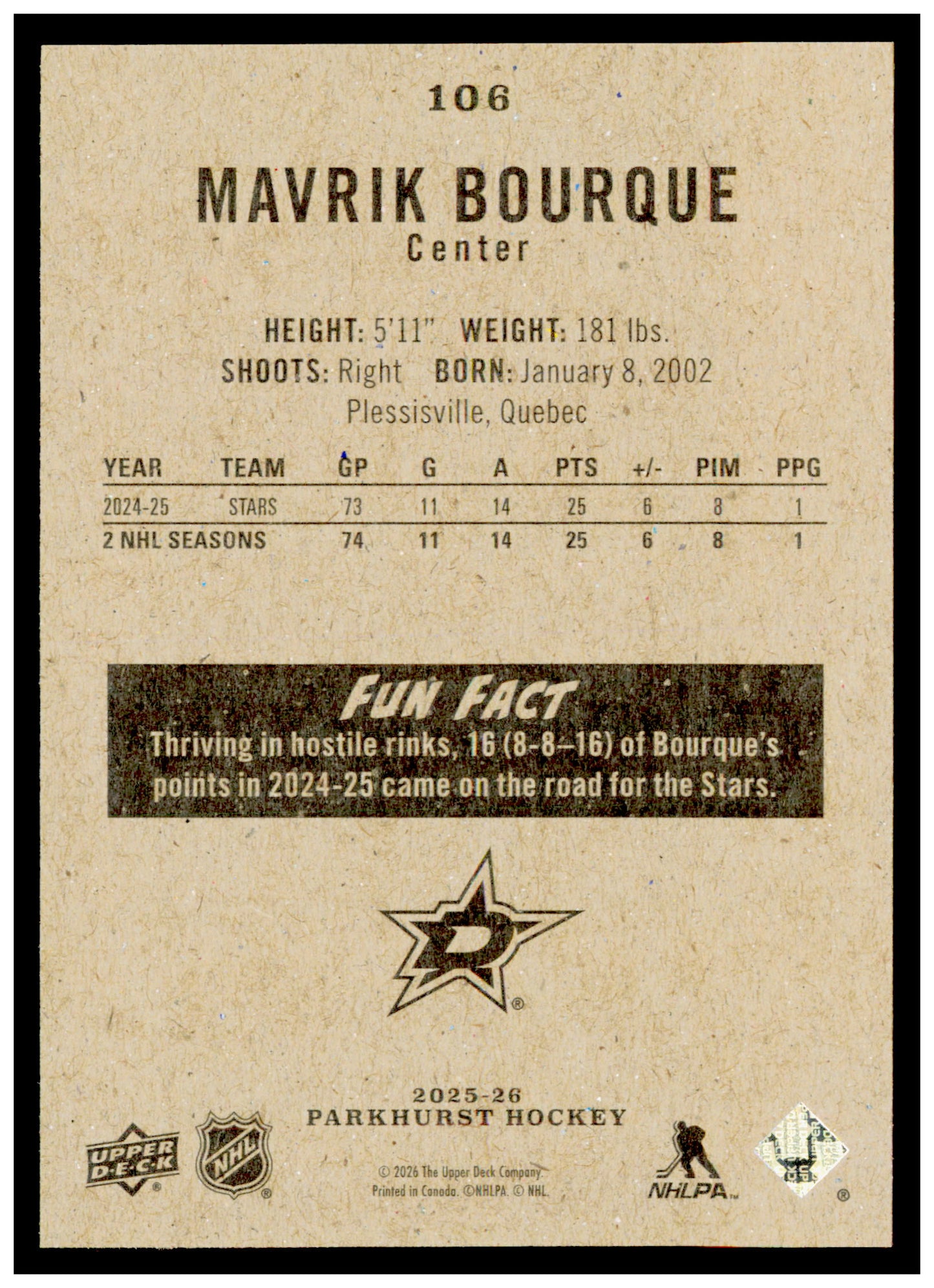 2025-26 Parkhurst Mavrik Bourque Card Dallas Stars