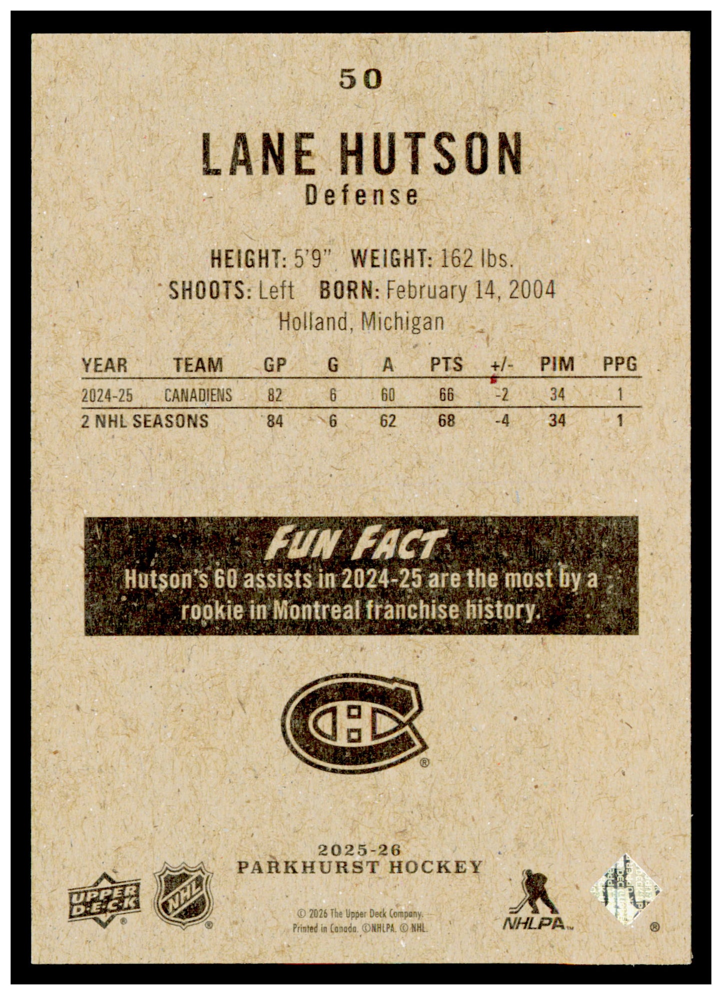 2025-26 Parkhurst Lane Hutson Card Montreal Canadiens