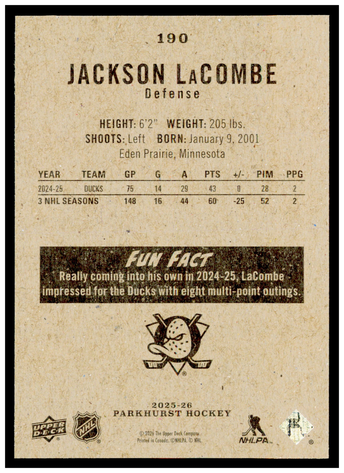 2025-26 Parkhurst Jackson LaCombe Card Anaheim Ducks