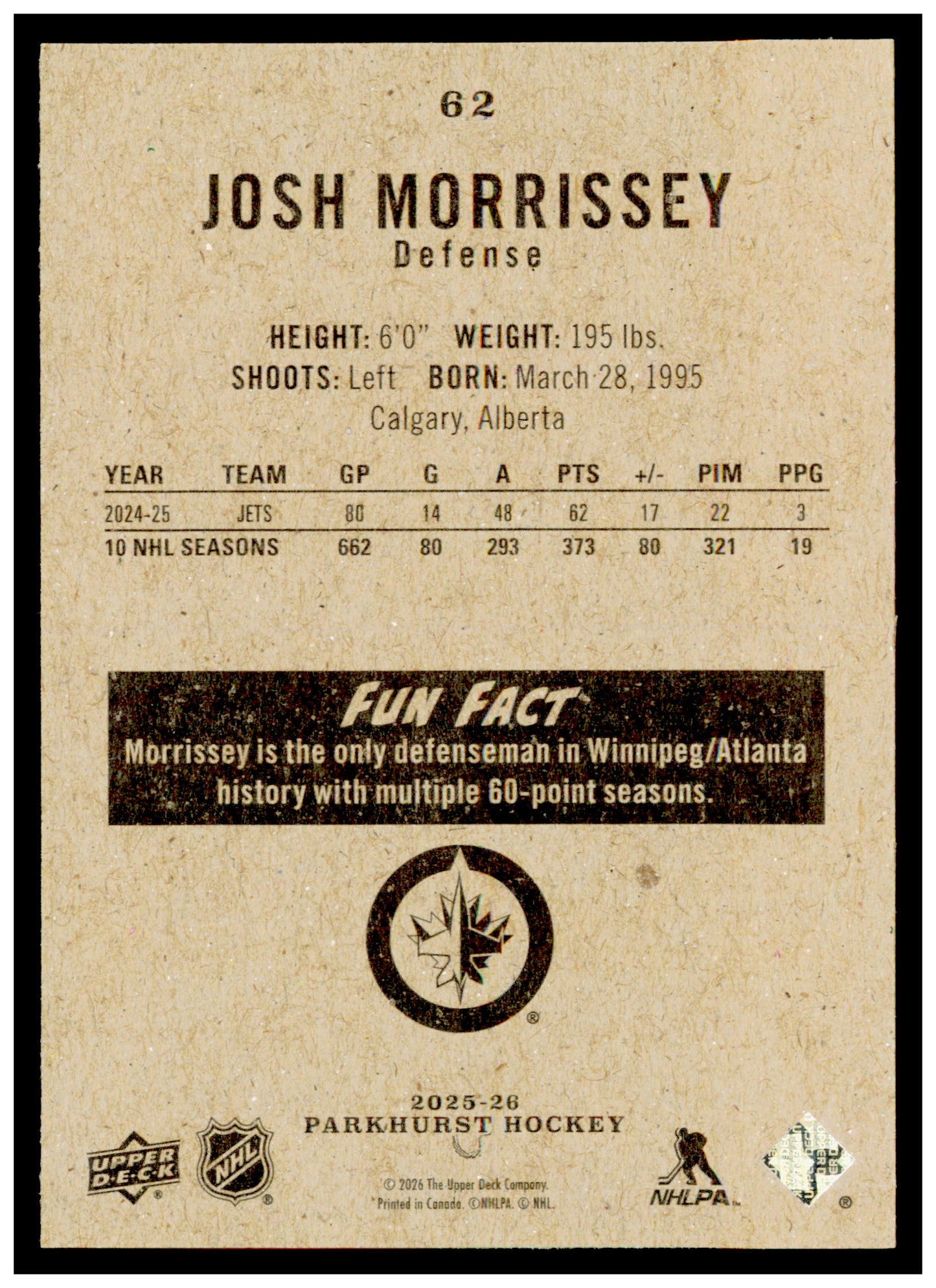 2025-26 Parkhurst Josh Morrissey Card Winnipeg Jets