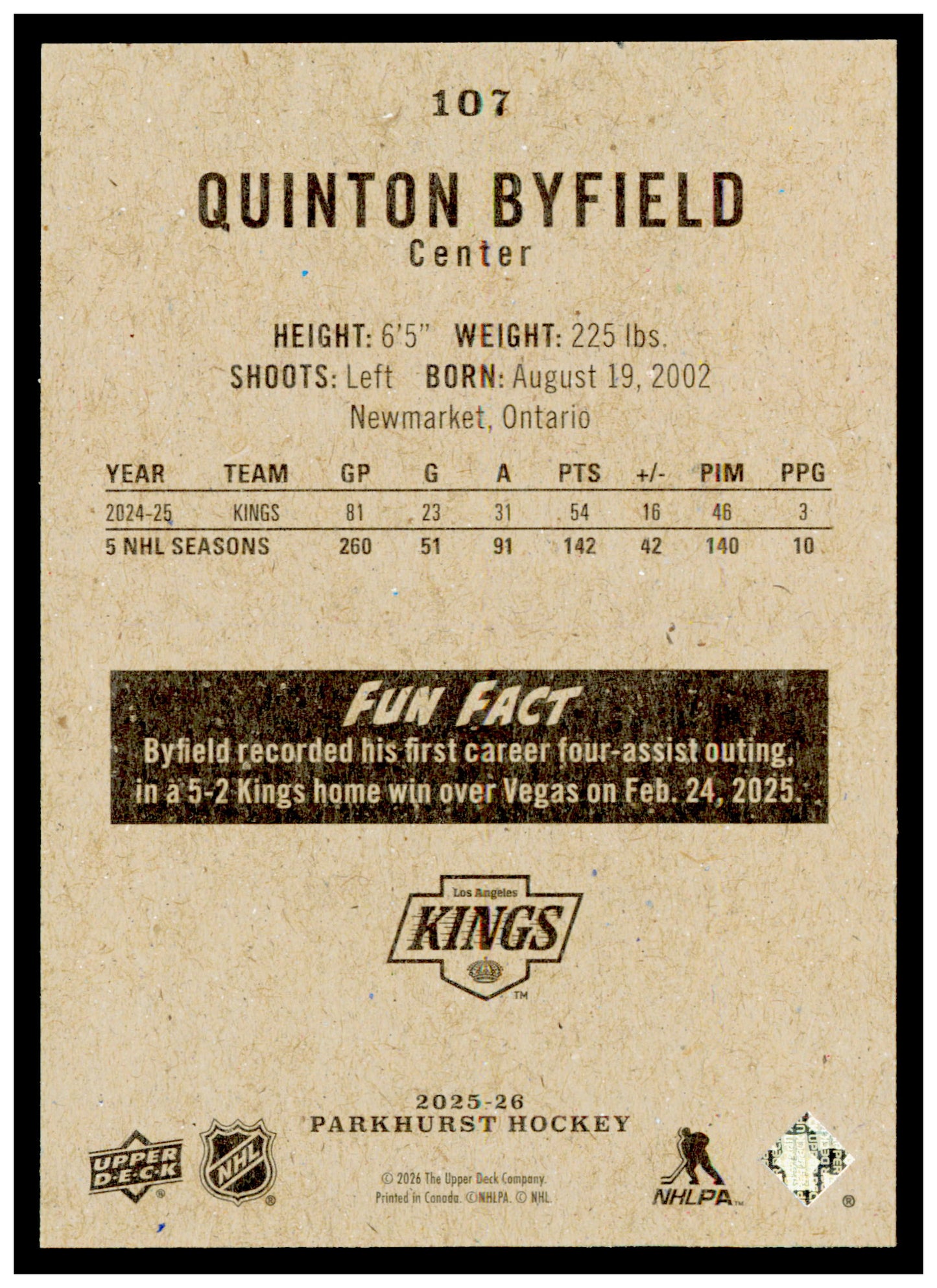2025-26 Parkhurst Quinton Byfield Card Los Angeles Kings