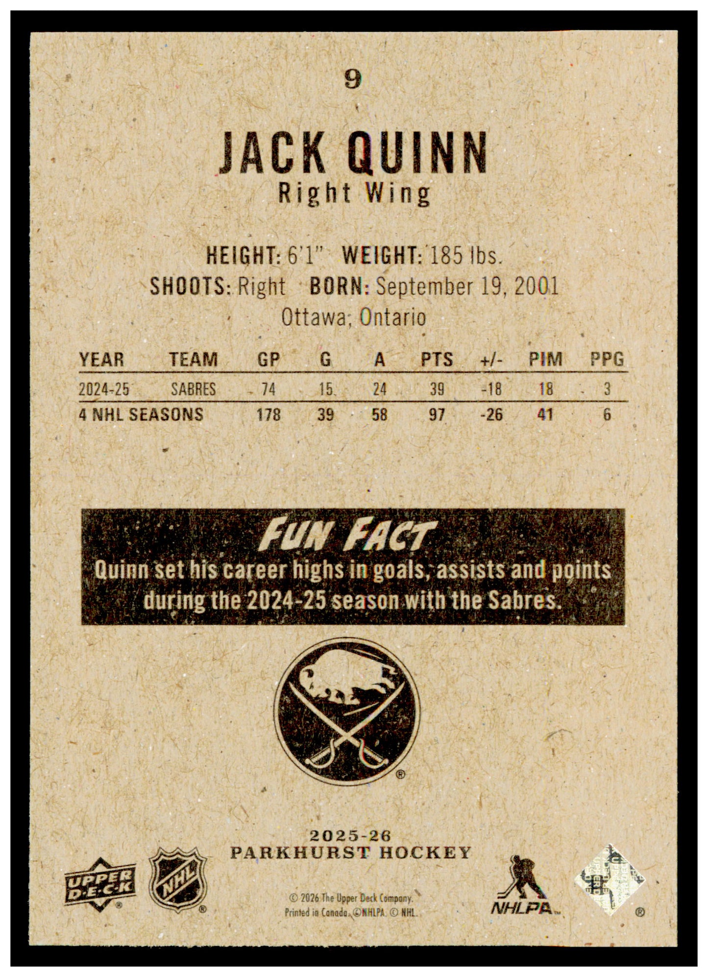 2025-26 Parkhurst Jack Quinn Card Buffalo Sabres