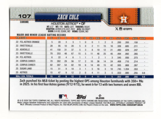 2026 Topps Chrome Zach Cole Card Raywave Refractors Rookie Houston Astros
