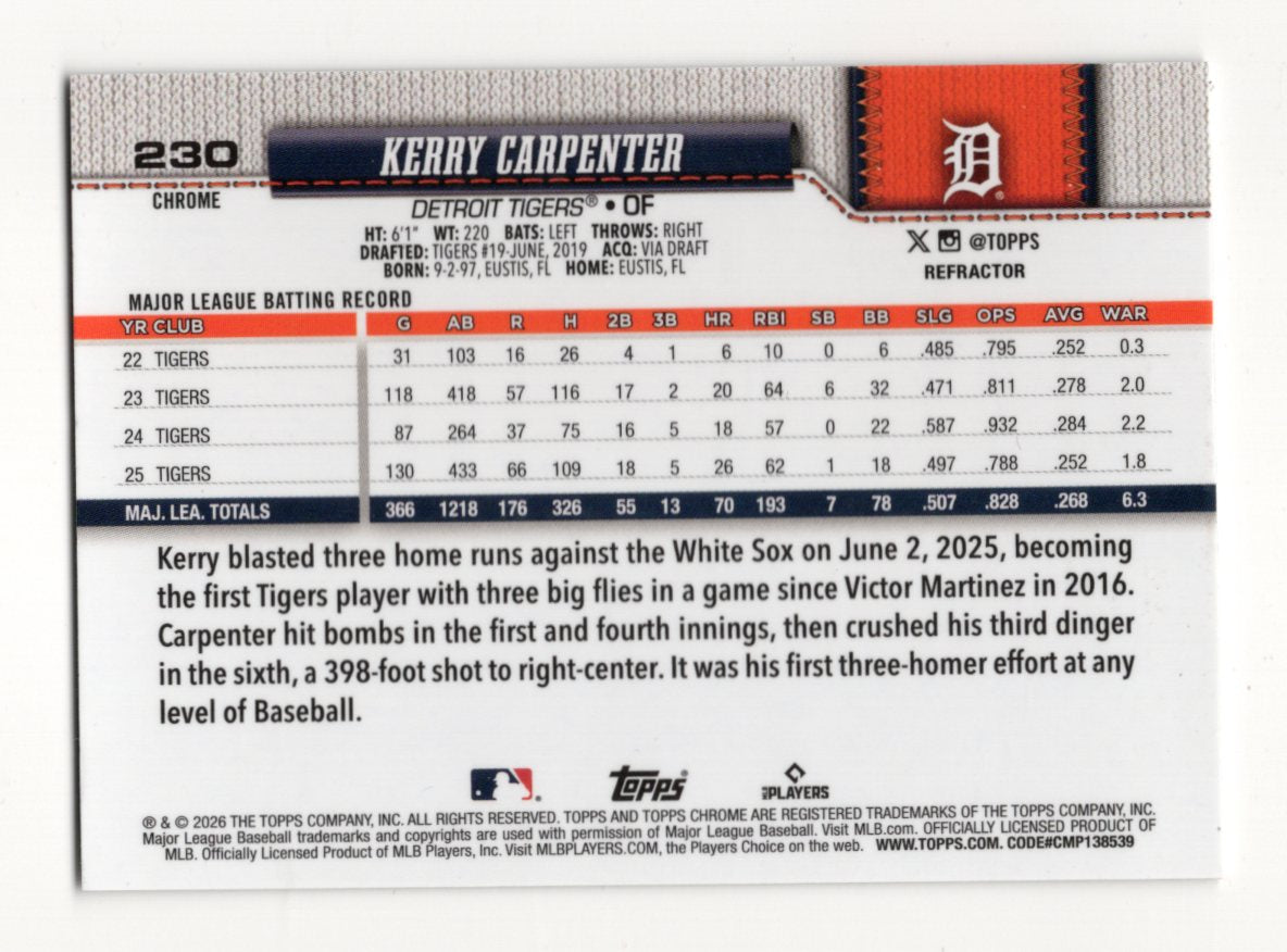 2026 Topps Chrome Kerry Carpenter Card Refractors Detroit Tigers