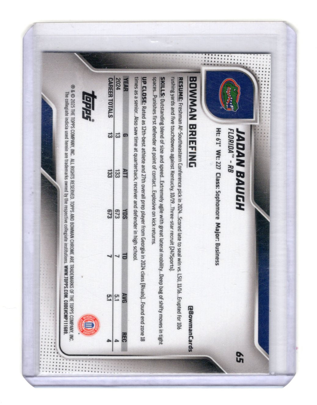 2025 Bowman University Chrome Jadan Baugh Card Florida Gators