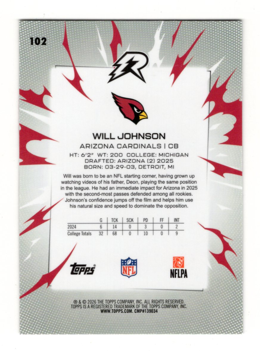 2025 Topps Resurgence Will Johnson Card Rookie Arizona Cardinals