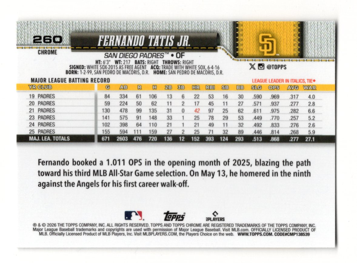 2026 Topps Chrome Fernando Tatis Jr. Card San Diego Padres