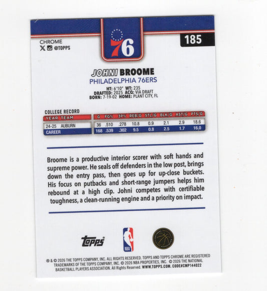 2025-26 Topps Chrome Update Johni Broome RC #185 X-Fractor 76ers