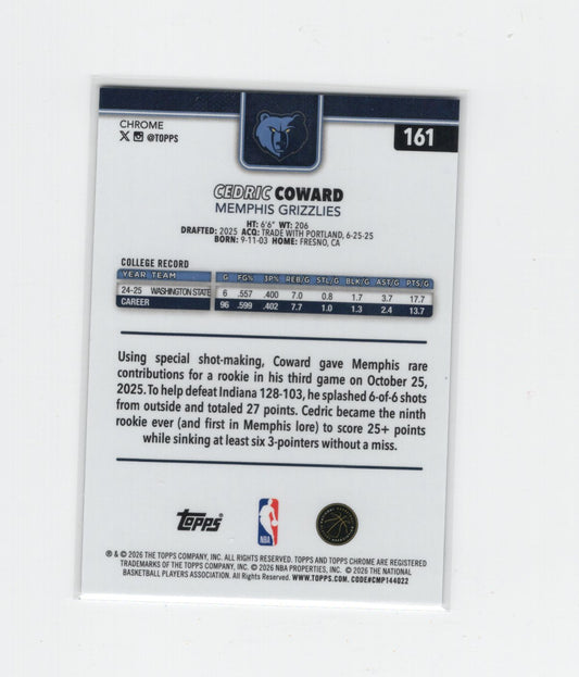 2025-26 Topps Chrome Update Cedric Coward RC #161 X-Fractor Memphis Grizzlies