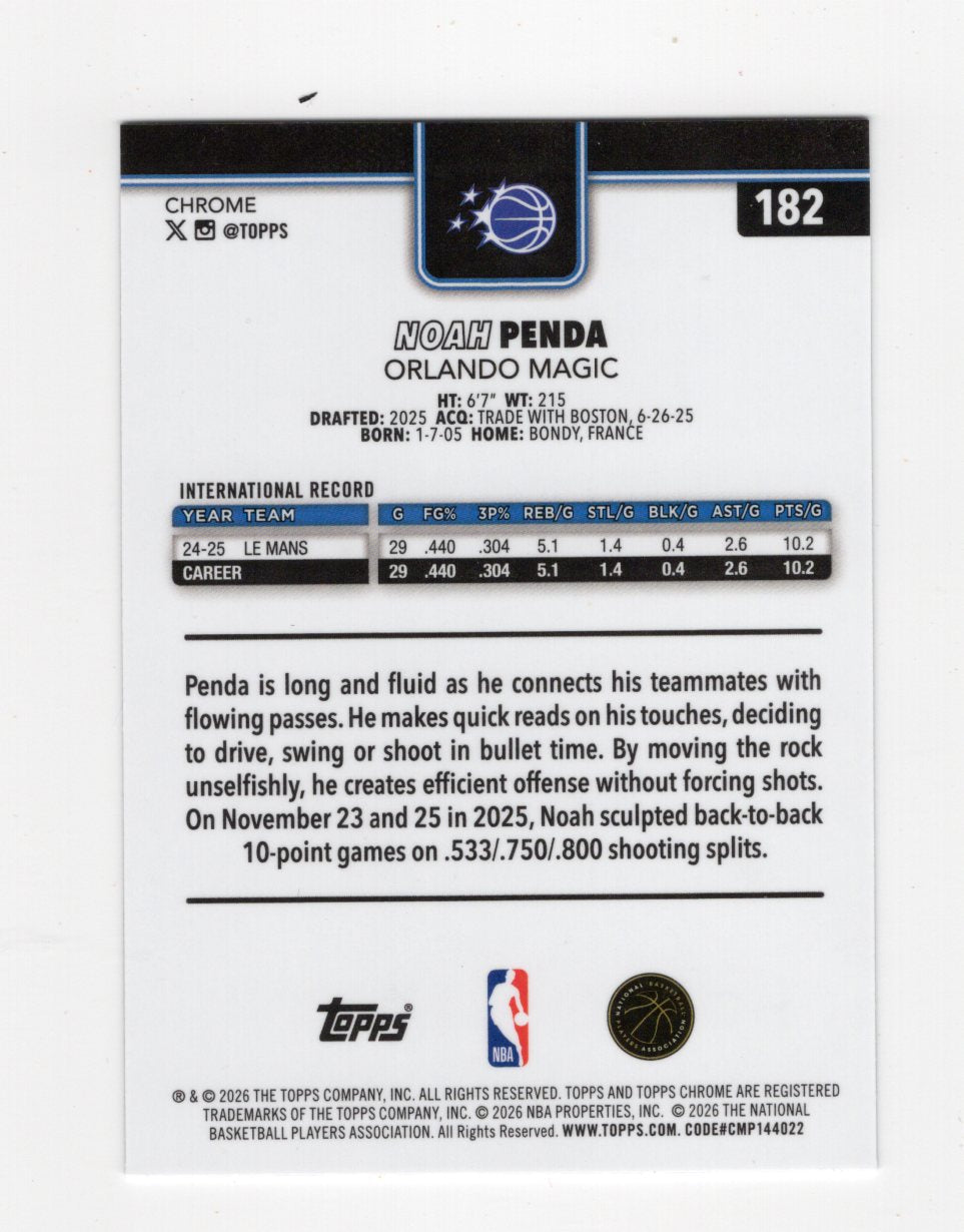 2025-26 Topps Chrome Update Noah Penda RC #182 Orlando Magic Base Rookie